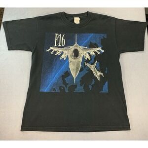 Blackbird F-16 Tactical Fighter Jet Blue Double Sided Graphic T Shirt L